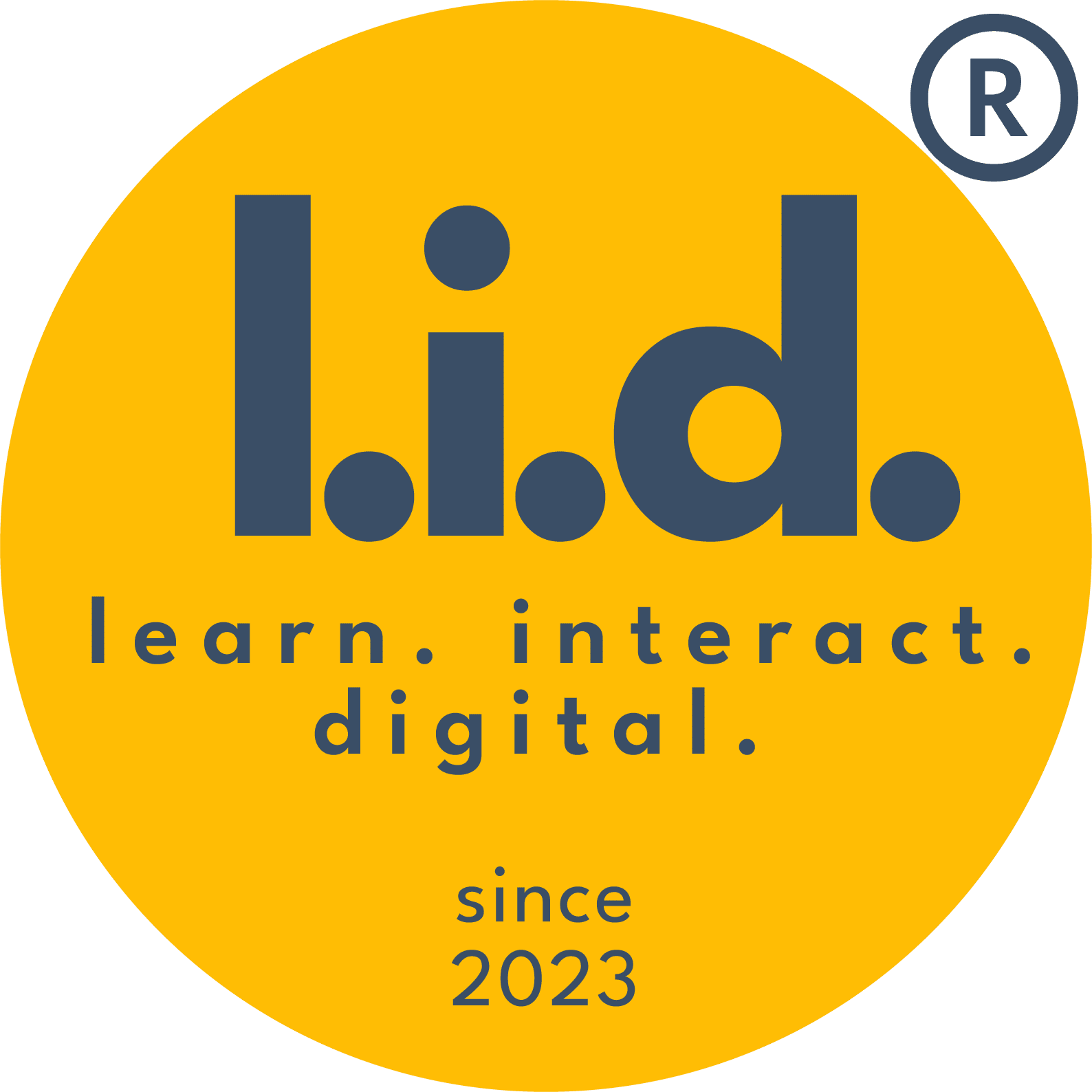 logo von l.i.d. Schrift auf einer runden Fläche. l.i.d. steht für learn. interact. digital und wurde 2023 gegründet