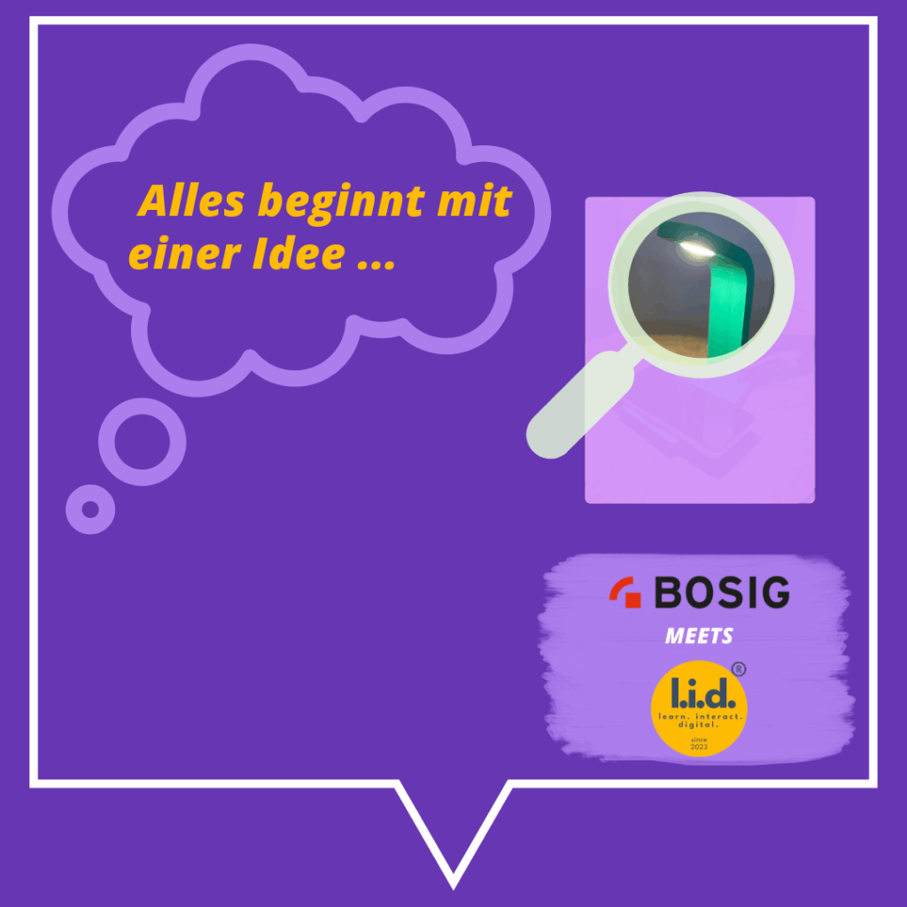 Violetter Hintergrund mit einer Denkblase, in der steht: „Alles beginnt mit einer Idee …“. Daneben ein vergrößerter Bildausschnitt eines 3D-Modells unter einer Lupe. Unten das Logo: „BOSIG meets l.i.d.“