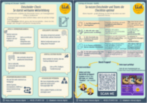 Zweiteilige Infografik von l.i.d. (Learn. Interact. Digital.) mit dem Titel Entscheider-Check: So startet wirksame Weiterbildung. Links eine Checkliste mit sechs Themenfeldern (Ziele & Veränderungswunsch, Zielgruppe verstehen, Hürden erkennen, Erfolg sichtbar machen, Rahmenbedingungen klären, Stakeholder mitdenken). Rechts Tipps zur optimalen Nutzung der Checkliste in fünf Schritten (im Führungskreis durchgehen, mit HR oder L&D ausfüllen, als Vorstufe zur Anbieter-Auswahl, in Teams einbinden, für Jahresplanung oder Budget nutzen). Unten Kontaktmöglichkeiten, QR-Code, Fotos von Lea und Tobias sowie ein Praxisbeispiel.
