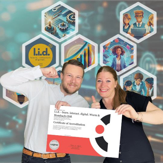 Lea Wurm und Tobias Hombach zeigen lächelnd ein l.i.d.-Zertifikat, im Hintergrund Illustrationen zu Technologie und Teamarbeit.