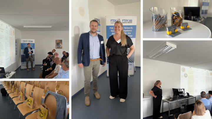 "Collage vom Auftritt von l.i.d. beim FSK Converter Network: Tobias Hombach und Lea Wurm präsentieren vor rund 30 Teilnehmenden ihre Arbeit. Beide stehen zudem gemeinsam vor einem Roll-Up des Netzwerks. Im Seminarraum sind vorbereitete Stuhlreihen mit l.i.d.-Geschenktüten zu sehen. Auf einem Tisch liegen Werbematerialien wie Kugelschreiber, Schokolade mit Logo und Visitenkarten. Das Publikum verfolgt die Präsentation aufmerksam.