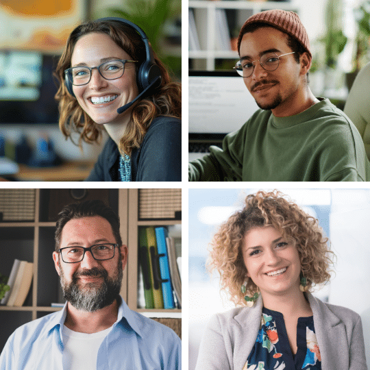 Collage mit vier Porträts von Lernenden verschiedener Altersgruppen und Hintergründe, daneben Zitat über Freude am Unterricht bei l.i.d.