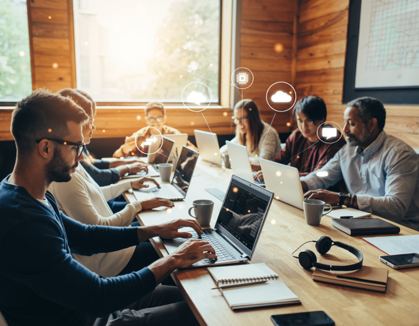 Eine Gruppe Erwachsener sitzt gemeinsam in einem modernen, lichtdurchfluteten Arbeitsraum an einem langen Holztisch. Sie arbeiten konzentriert an Laptops und Tablets, umgeben von Notizbüchern, Kaffeetassen und Kopfhörern. Über der Szene schweben dezente digitale Symbole für Cloud, KI-Chip und Kommunikation, die den Einsatz von künstlicher Intelligenz und vernetztem Lernen symbolisieren. Das Bild vermittelt Zusammenarbeit, moderne Weiterbildung und digitale Lernkultur.