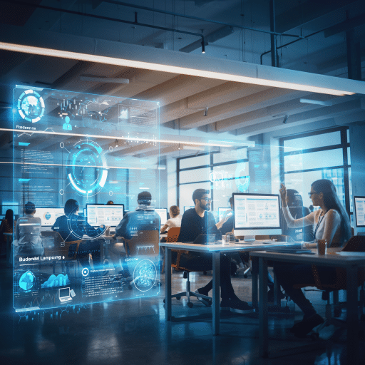 Menschen arbeiten in einem modernen Lernraum mit holografischen Benutzeroberflächen und KI-gestützten Tools – Darstellung von digitaler Lerntechnologie, Blended Learning und innovativer Weiterbildung im Unternehmen.