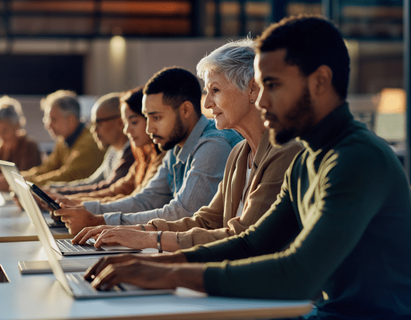 Eine diverse Gruppe von Menschen unterschiedlichen Alters sitzt konzentriert an Laptops und Tablets in einem modernen Lernraum – Symbol für digitale und generationenübergreifende Weiterbildung.