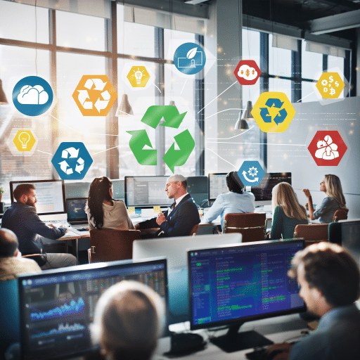 Mitarbeitende in einem modernen Büro arbeiten gemeinsam an digitalen Projekten mit Symbolen für Nachhaltigkeit, KI und Innovation – Darstellung von Future Skills und digitaler Kompetenzentwicklung im Unternehmen.