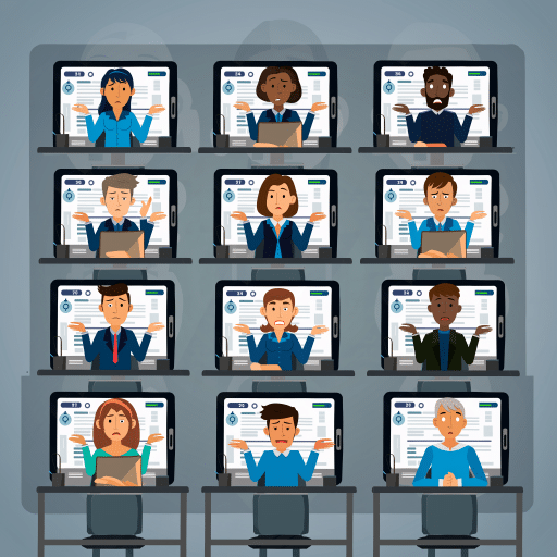 Illustration mehrerer Lernender, die identische Inhalte auf Bildschirmen sehen und frustriert reagieren – Symbol für One-size-fits-all-Trainings, fehlende Individualisierung und ineffektive Weiterbildung.