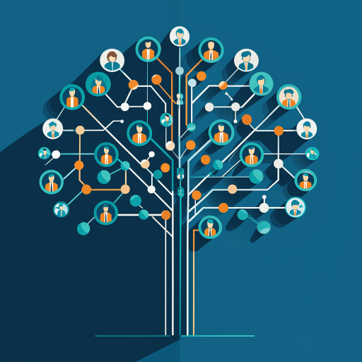 „Illustration eines Skill-Tree in Blau-Orange mit vernetzten Personen-Icons – Symbol für Skills-basierte Organisation, Kompetenzentwicklung und strategisches Talentmanagement.