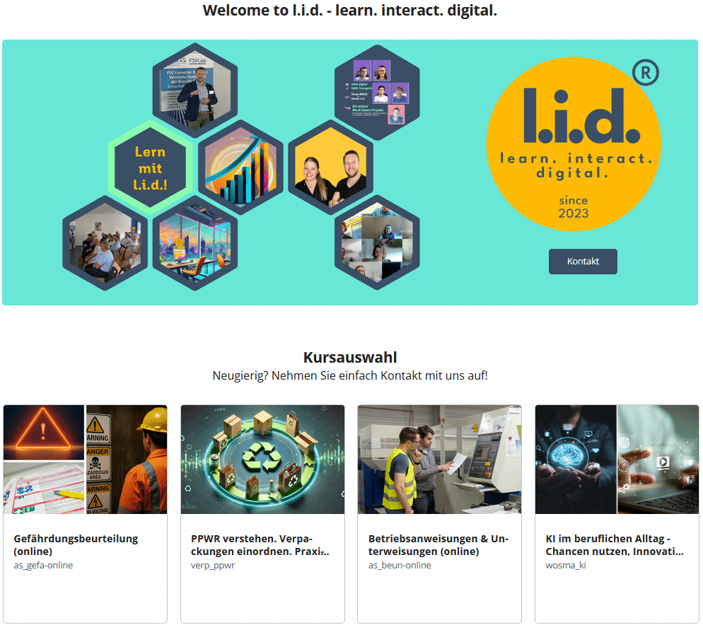 Screenshot des l.i.d.-Learning Management Systems (LMS) mit digitaler Kursübersicht. Angezeigt werden Online-Weiterbildungen zu Gefährdungsbeurteilung, EU-Verpackungsverordnung (PPWR), Betriebsanweisungen und KI im beruflichen Alltag sowie ein Kontaktbereich.