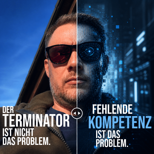Split-Screen-Portrait von Tobias Hombach von l.i.d. mit Sonnenbrille. Die linke Bildhälfte zeigt ein natürliches Outdoor-Selfie bei Tageslicht, die rechte Hälfte eine futuristische, digital erweiterte Version derselben Person mit blauen Technologie- und KI-Elementen. In der Mitte befindet sich ein Schieberegler als Vorher-Nachher-Effekt. Auf dem Bild steht: „Der Terminator ist nicht das Problem. Fehlende Kompetenz ist das Problem.“